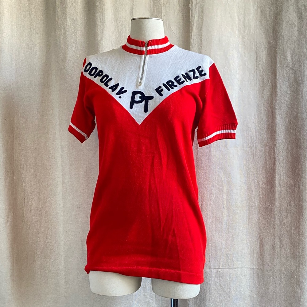 Rare Vintage Italian 1970s wool Bike Cycling Jersey Firenze top red white sz M
